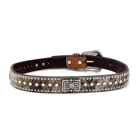 Nocona Brown Tooled Leather Belt Hair-On Cowhide Rhinestone Boho Western Size 28 main image 12